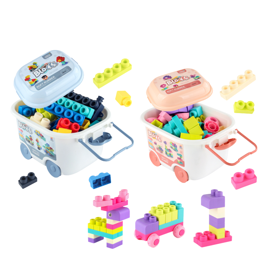 Đồ chơi Lego nhựa dẻo 50 chi tiết xếp hình lắp ráp thông minh - Chất nhựa an toàn, Miếng ghép to, Hộp đựng có bánh xe